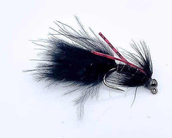 black tungsten jig wooly bugger with red legs streamer fly