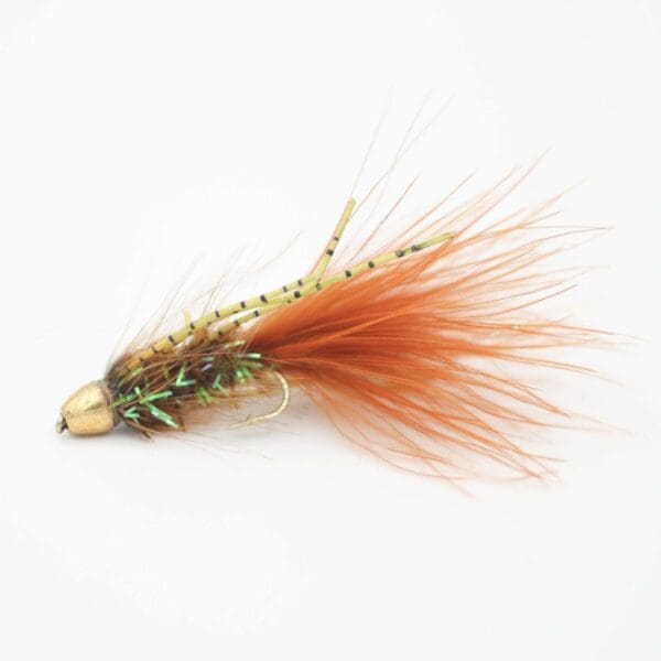 Autumn wooly bugger - brown with flash body and yellow legs conehead streamer
